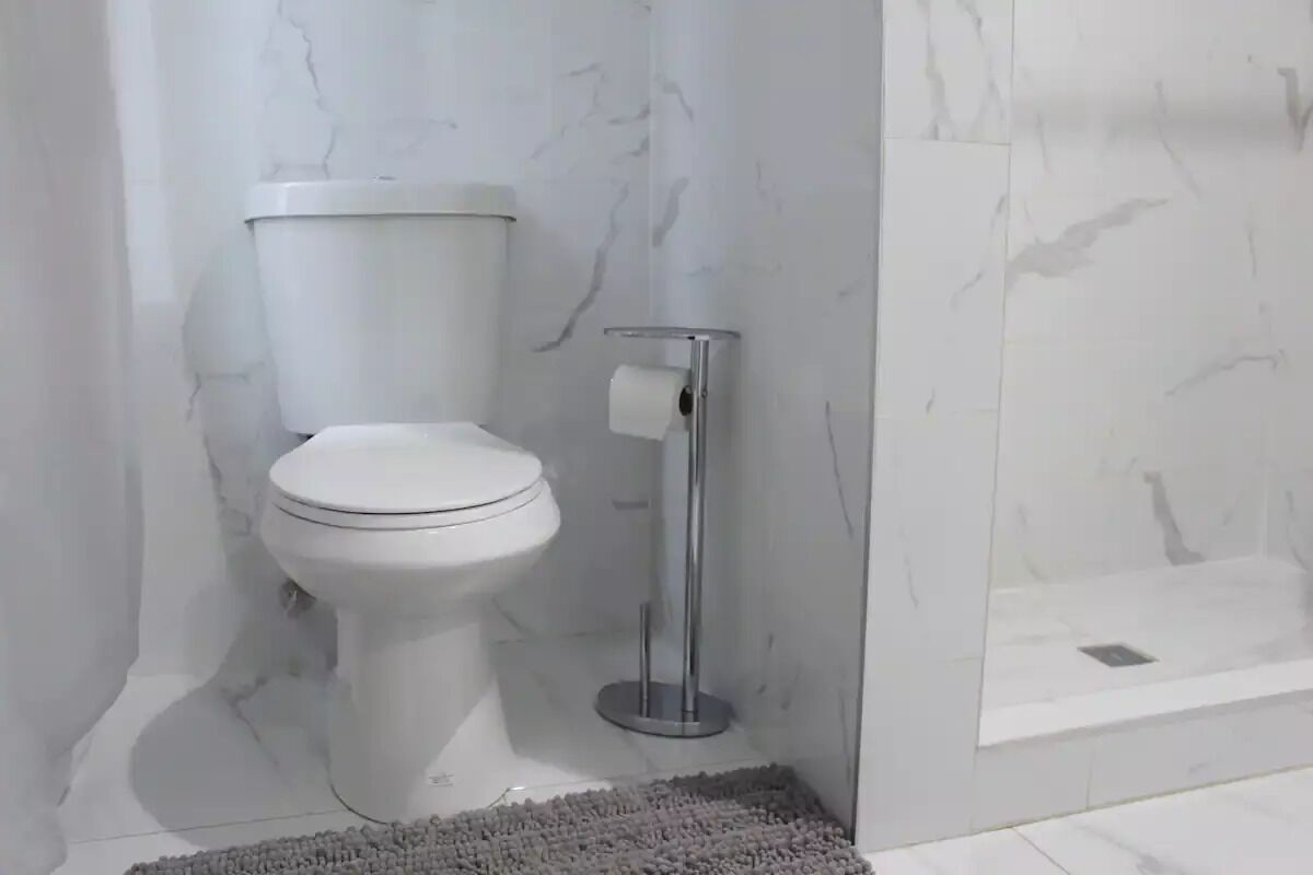 A modern bathroom with a toilet, a toilet paper holder, and a shower area.