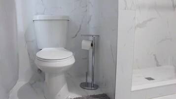 A modern bathroom with a toilet, a toilet paper holder, and a shower area.