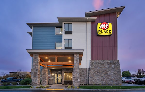 A modern hotel with a 'My Place Hotels' sign, featuring a multi-story structure with a stone facade and a flat roof. - My Place Hotel-Boise/Nampa, ID-Idaho Center (Nampa)
