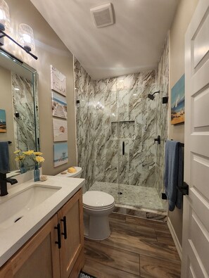 Shower, hair dryer, towels, soap