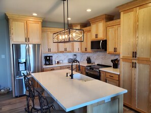 Fridge, microwave, oven, stovetop - NEW Custom Home-Sunset/Sunrise Lake Views-SPI Golf Course-13 mi to SPI Beaches (Laguna Vista)