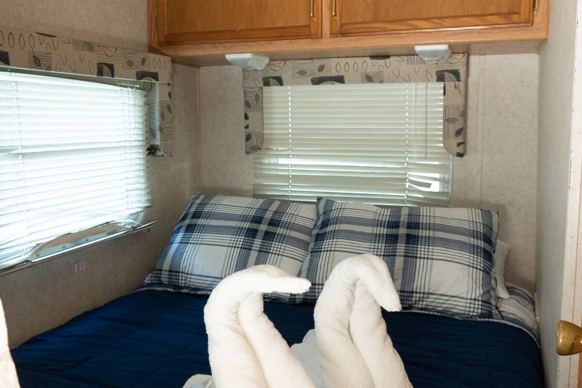 A bedroom with a bed, two swans, a TV, and wooden cabinets.