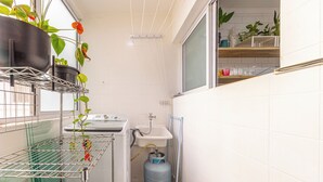 Cocina compacta con un lavamanos, un cilindro de gas y una ventana con plantas.