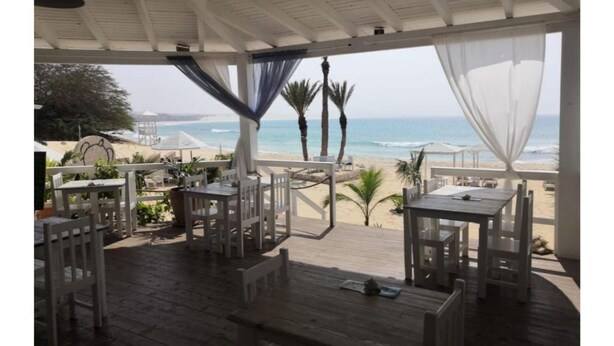 Un espace extérieur aménagé avec des meubles blancs, offrant une vue sur une plage bordée de palmiers et sur l’océan.