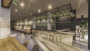 Un área de bar moderna con un muro de diseño geométrico, mostrador de bar de madera y plantas colgantes.
