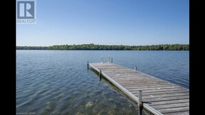 A wooden dock extending into a calm lake with a forested shoreline in the background.
