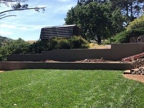 Steps lead to a serene outdoor space surrounded by mature trees.
