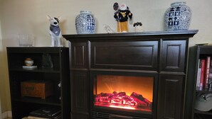 Una chimenea con fuego visible, rodeada de estantes con libros y objetos decorativos.