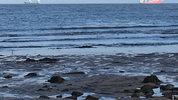 A rocky shoreline with calm sea and distant ships.