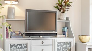 Un televisor sobre un mueble, una planta y libros.