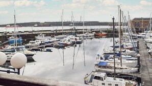 Eine Marina mit mehreren vertäuten Booten, ruhiger Wasserfläche und blauem Himmel.