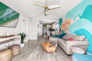 Smart TV, fireplace, video games, foosball