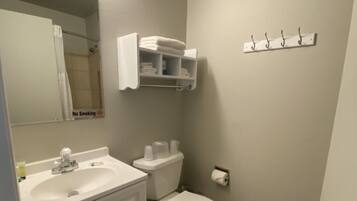 A bathroom with a vanity, sink, mirror, and a towel rack.
