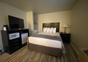 Une chambre d’hôtel équipée d’un lit, d’une télévision, d’un four à micro-ondes et d’un bureau.