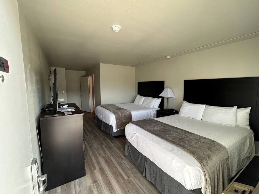 Une chambre d’hôtel avec deux lits, un bureau avec un ordinateur, une lampe et une armoire.