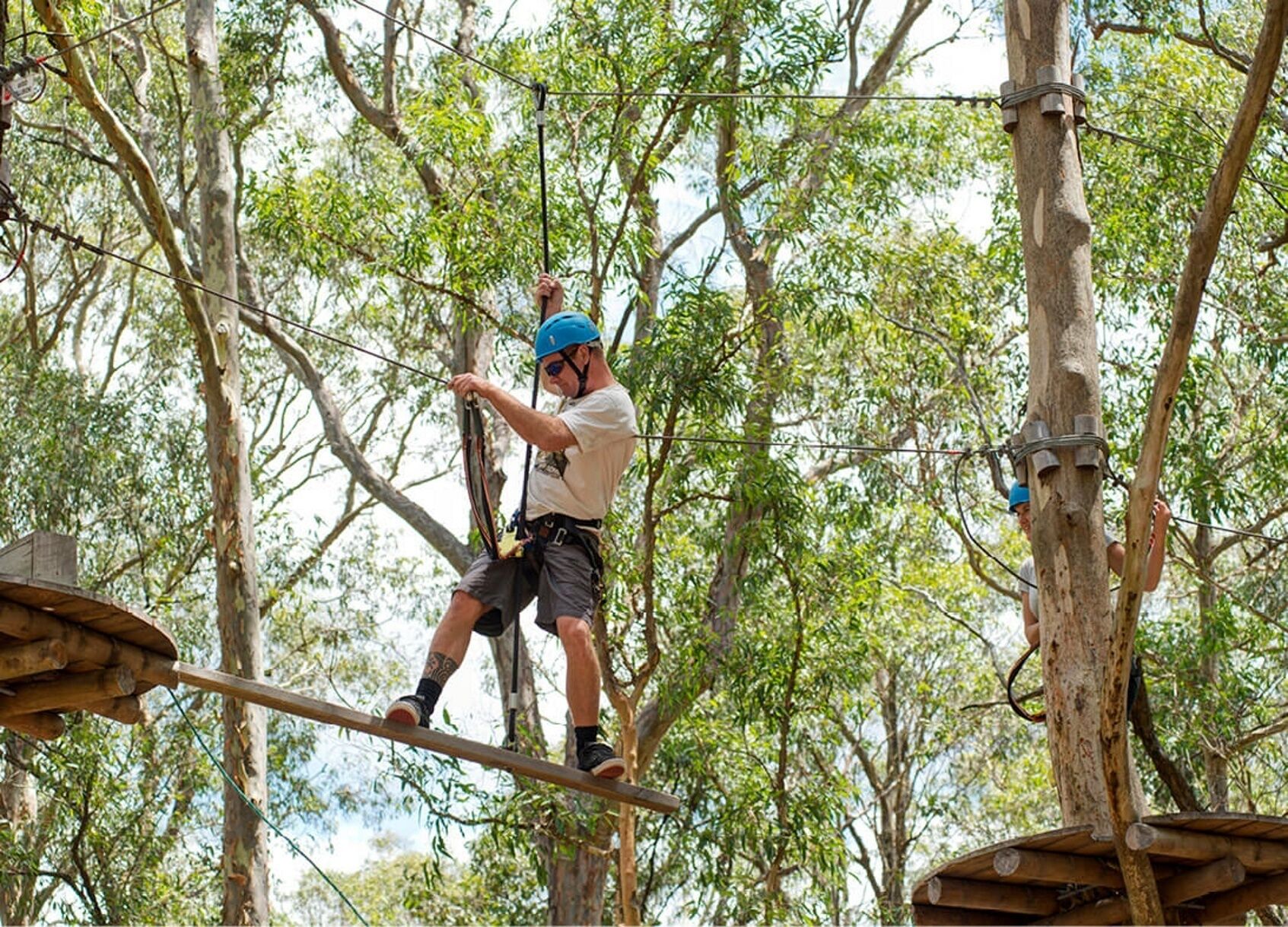 A person navigating a rope bridge in a forested area.