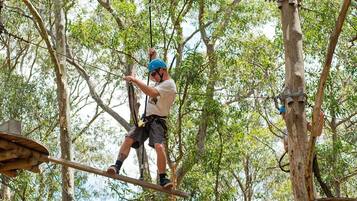 A person navigating a rope bridge in a forested area.