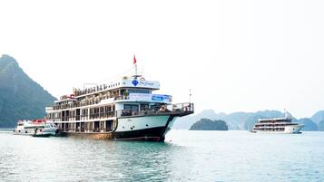 A large, multi-deck ferry with a blue and white color scheme, docked at a harbor with mountainous terrain in the background.