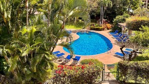 Un área de piscina con sillas reclinables azules y palmeras.