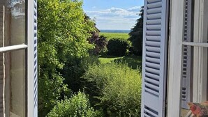 A window with open shutters, a view of greenery and a clear sky.