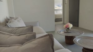 Una sala de estar moderna con un sofá, una mesa de centro y un jarrón con flores.