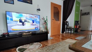 A living room with a television displaying a news program, a sofa, a coffee table, and a decorative rug. - Vila Domm in Rakovica (Rakovica)