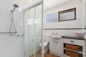 Shower, hair dryer, soap, shampoo