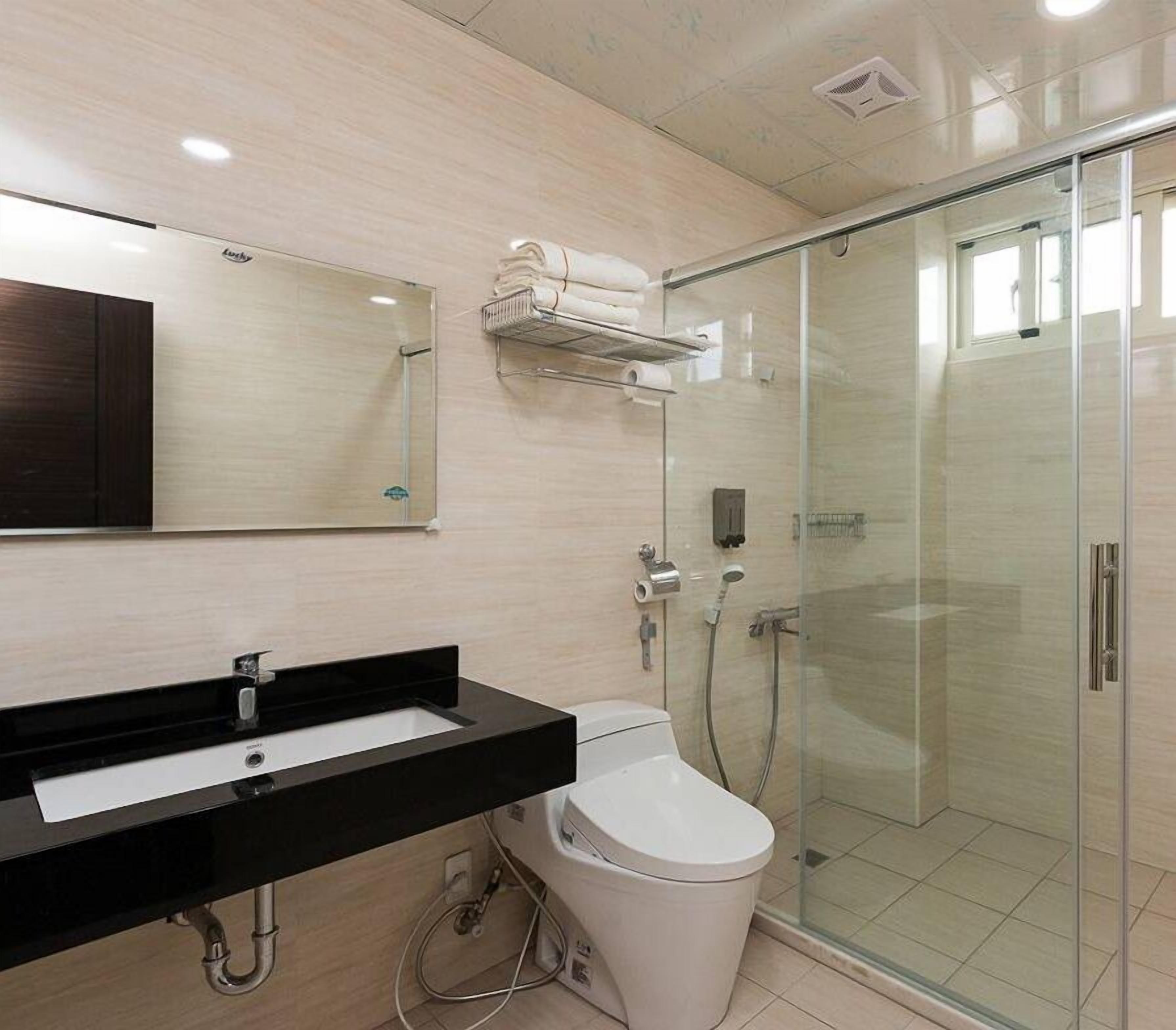 A modern bathroom with a glass shower enclosure, a black sink, and a toilet.