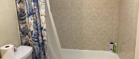 Hair dryer, towels, soap, toilet paper