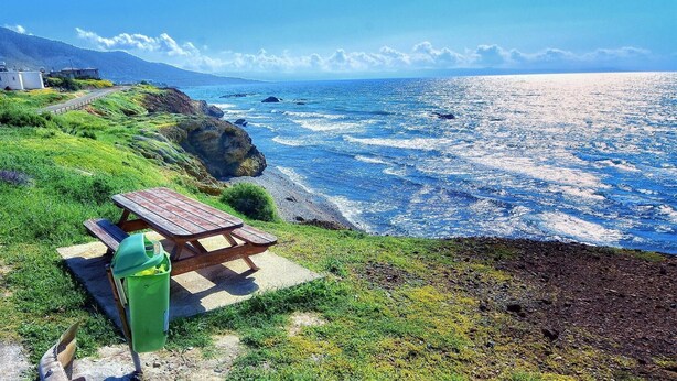 Udsigt over kysten med et picnicbord og en grøn skraldespand.