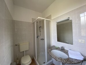 Ein Badezimmer mit Dusche, Toilette, Waschbecken und Spiegel.