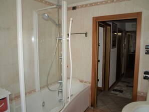 Hair dryer, bidet, towels, soap