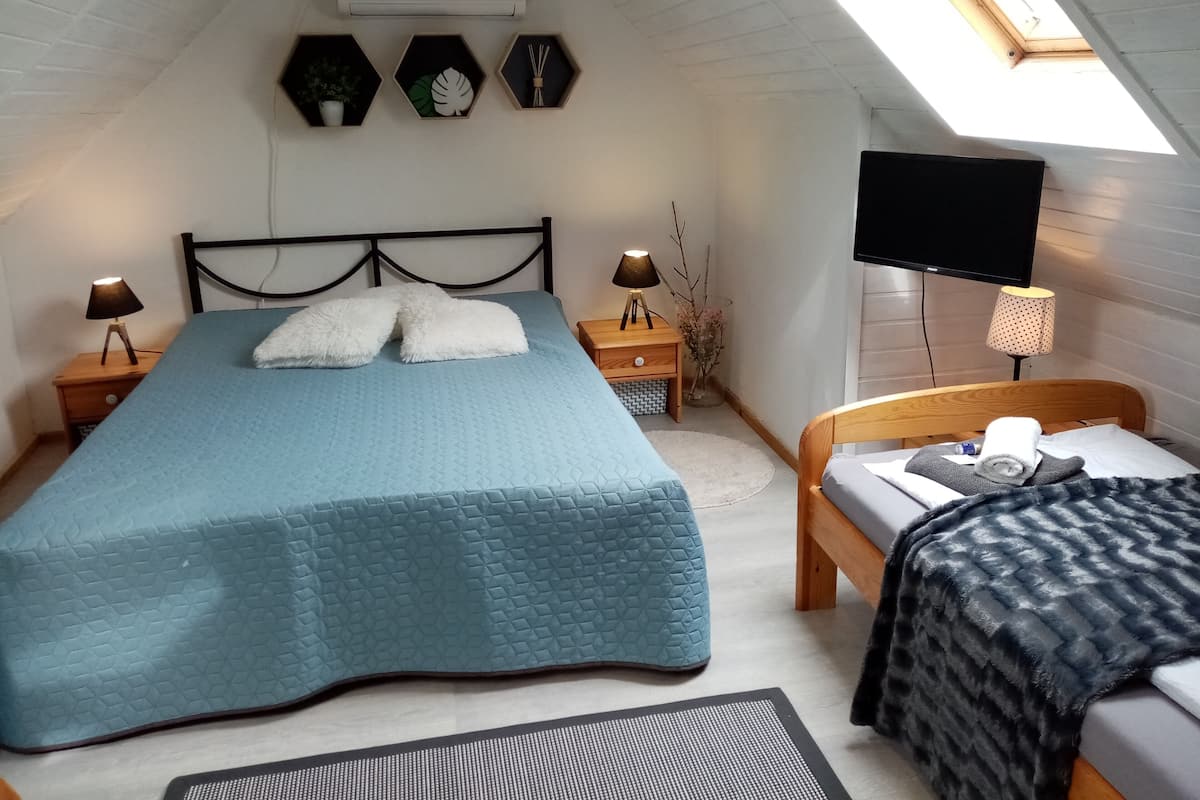 A bedroom with a bed, bedside tables, a TV, and a skylight.