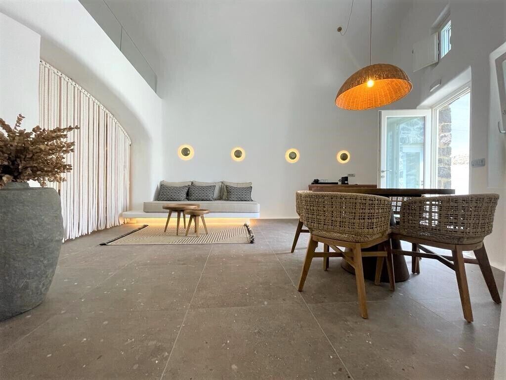 A modern living room with a sofa, a dining table with wicker chairs, a large potted plant, and a hanging light fixture.