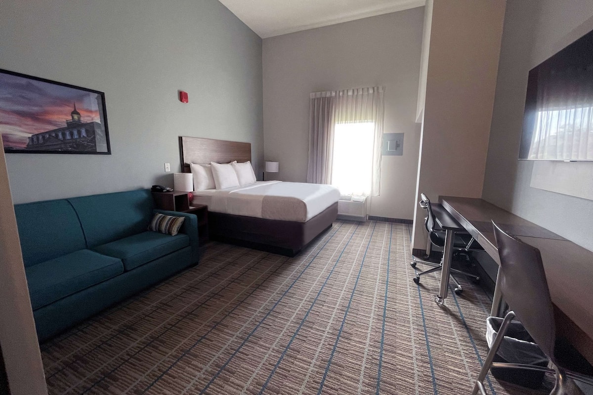 Ein Hotelzimmer mit einem Bett, einem Schreibtisch, einem Sessel, einer Couch und einem Bild an der Wand.