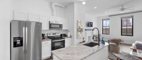 Fridge, microwave, oven, stovetop