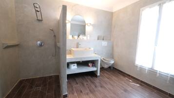 Une salle de bain avec douche, toilettes et lavabo.