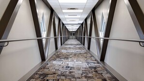 Un long couloir étroit, doté d’un tapis à motifs, de rampes en métal et d’un plafond équipé de néons.