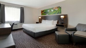 Une chambre d’hôtel avec un grand lit, un bureau, une chaise et un canapé.