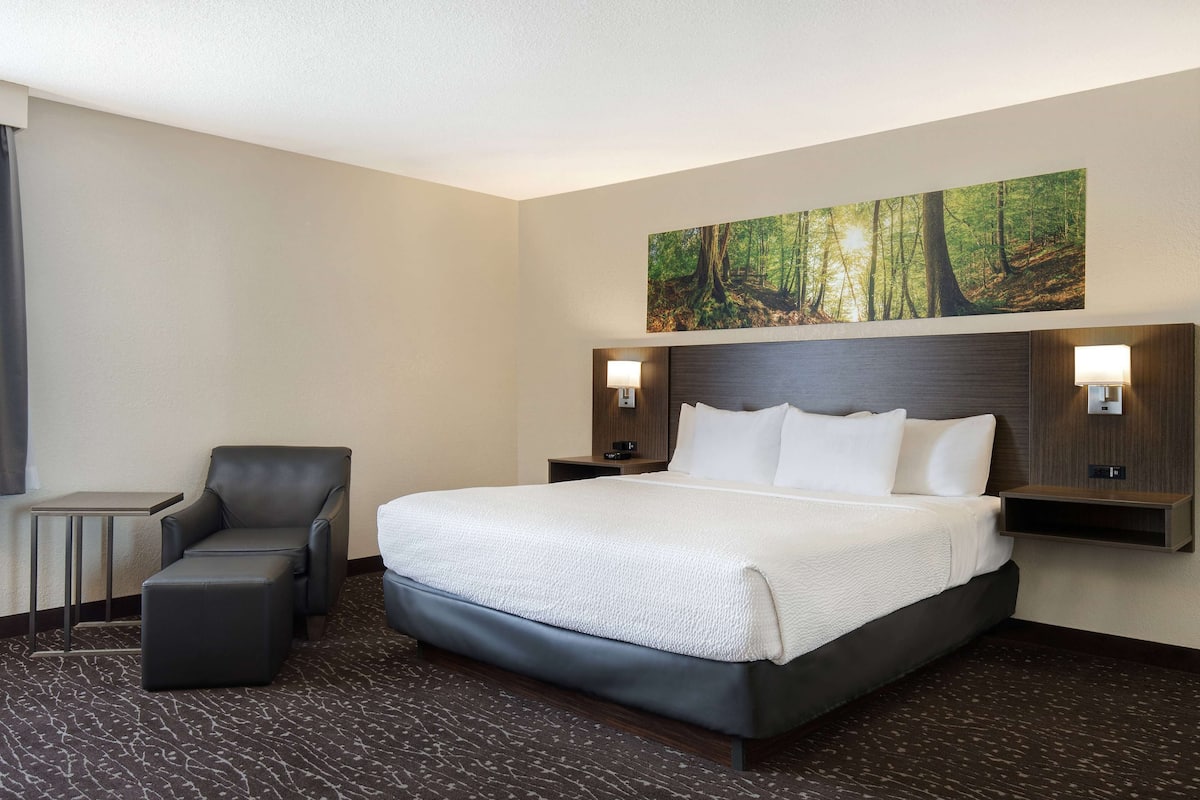 Ein Hotelzimmer mit einem großen Bett, einem Sessel, einem kleinen Tisch und einem Waldbild an der Wand.