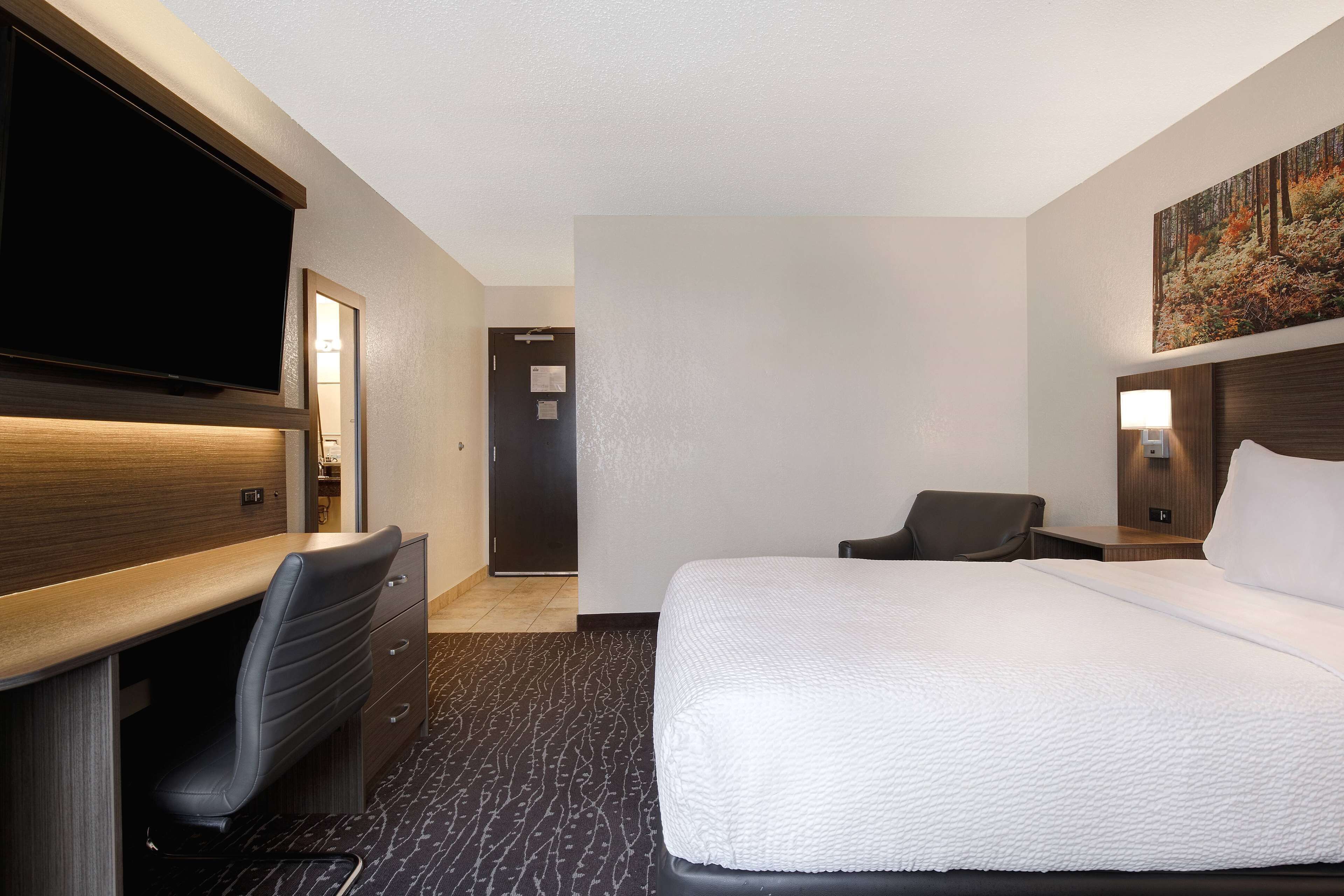 Habitación de hotel con cama, escritorio con silla, televisor en la pared y un cuadro sobre la cama.