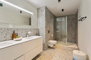 Shower, hair dryer, towels, shampoo