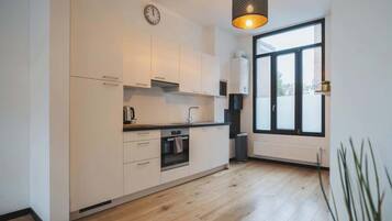 Een koelkast, een oven, een kookplaat, een vaatwasser