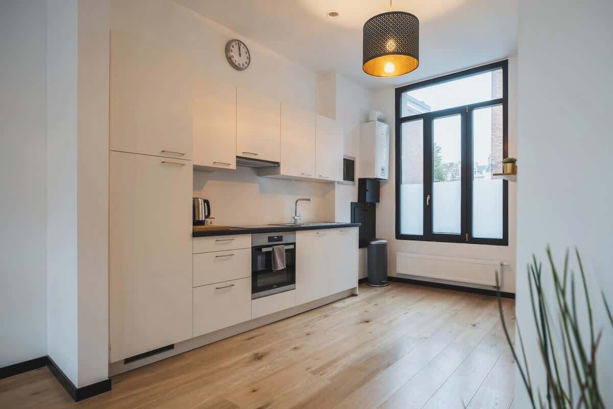 Een koelkast, een oven, een kookplaat, een vaatwasser