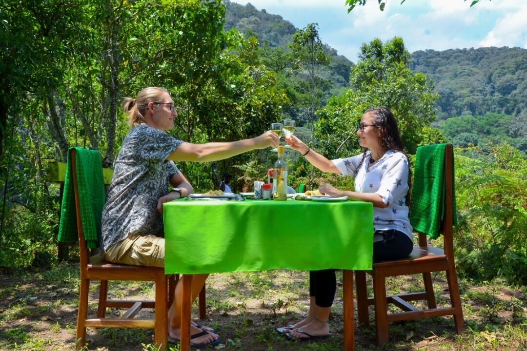 Two people toasting at a table with a green tablecloth, surrounded by lush greenery and hills in the background.