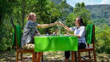 Two people toasting at a table with a green tablecloth, surrounded by lush greenery and hills in the background.