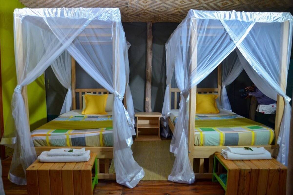 Two single beds with mosquito nets, wooden headboards, and small bedside tables with towels.