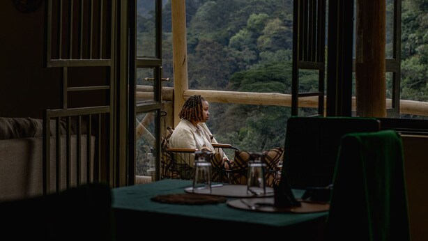 Una habitación con un ventanal grande con vistas a un área boscosa, una silla de madera y una mesa con mantel verde.