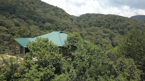 Un edificio con techo verde ubicado en un valle arbolado con montañas al fondo.
