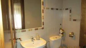 Une salle de bain avec un lavabo, un miroir et des toilettes.